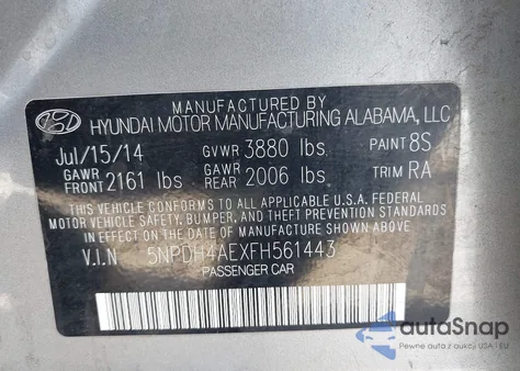 2015 Hyundai Elantra Se z USA, uszkodzony, nr VIN 5NPDH4AEXFH561443